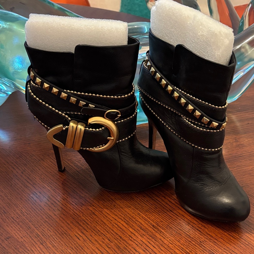 Dolce Vita Black Heeled Boots with Gold Buckle